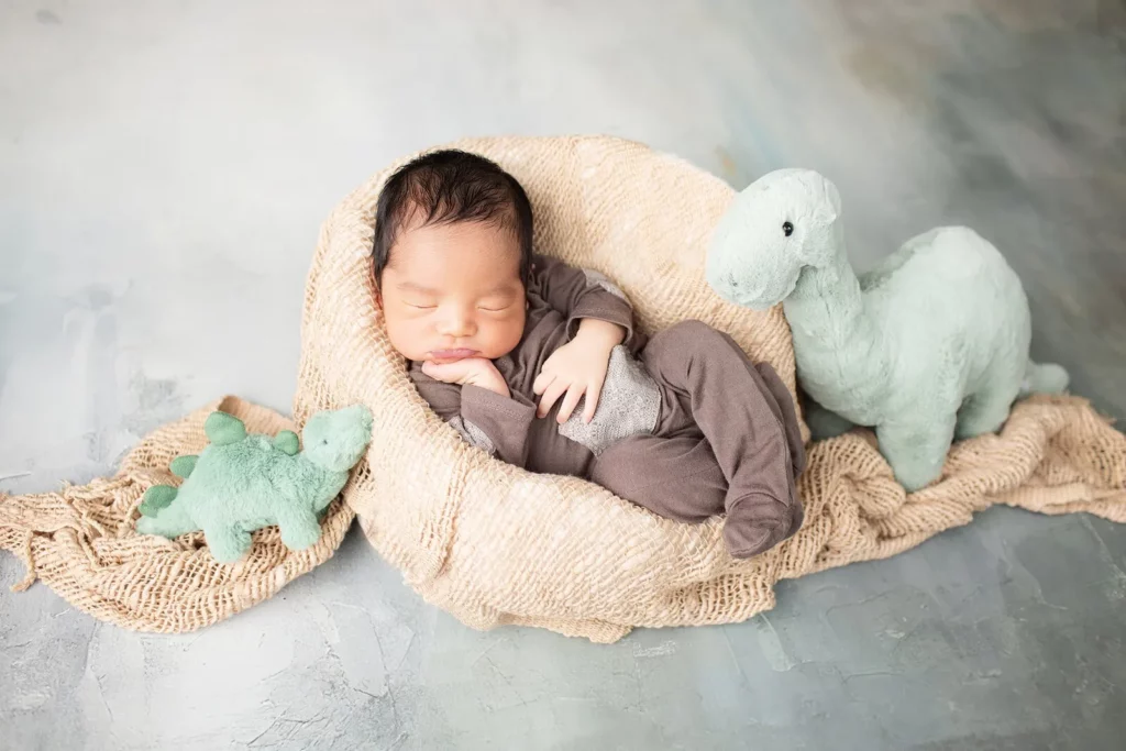 A newborn baby sleeps in a beige basket with a soft brown outfit, surrounded by two green dinosaur plush toys on a light textured background. Lovely Baby Photography by Stacey Marsh