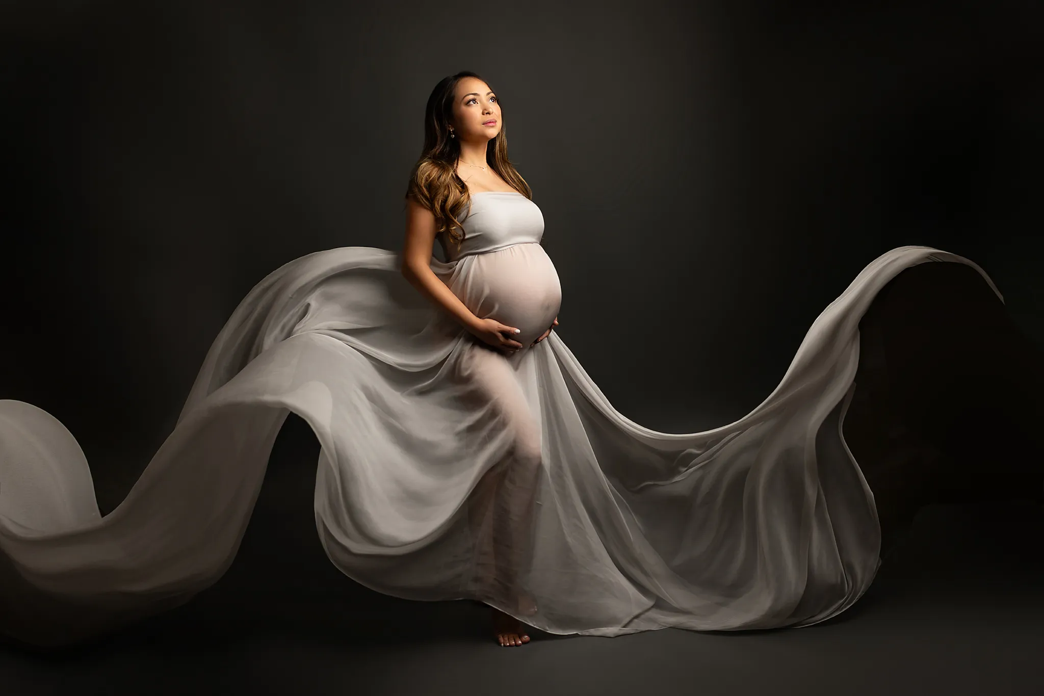 A pregnant woman stands barefoot in a flowing, sheer gray gown against a dark background, holding her belly and looking upward. Lovely Baby Photography, 2185 Faraday Ave suite 110, Carlsbad, CA 92008, +1 760-271-0725