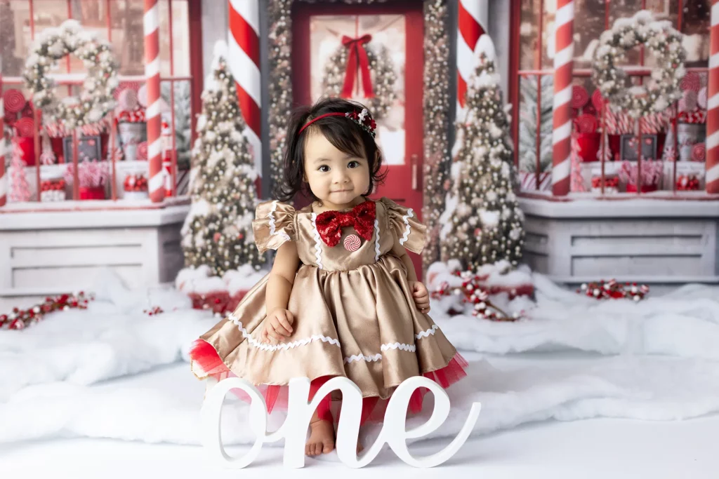 A young child in a festive dress stands barefoot indoors with a wintry holiday backdrop, holding a sign that reads "one. Lovely Baby Photography, 2185 Faraday Ave suite 110, Carlsbad, CA 92008, +1 760-271-0725