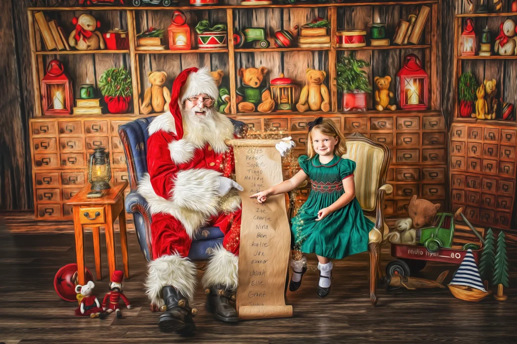 Santa Claus sits beside a young girl holding a long list in a festive room filled with toys, books, and holiday decorations. Lovely Baby Photography, 2185 Faraday Ave suite 110, Carlsbad, CA 92008, +1 760-271-0725
