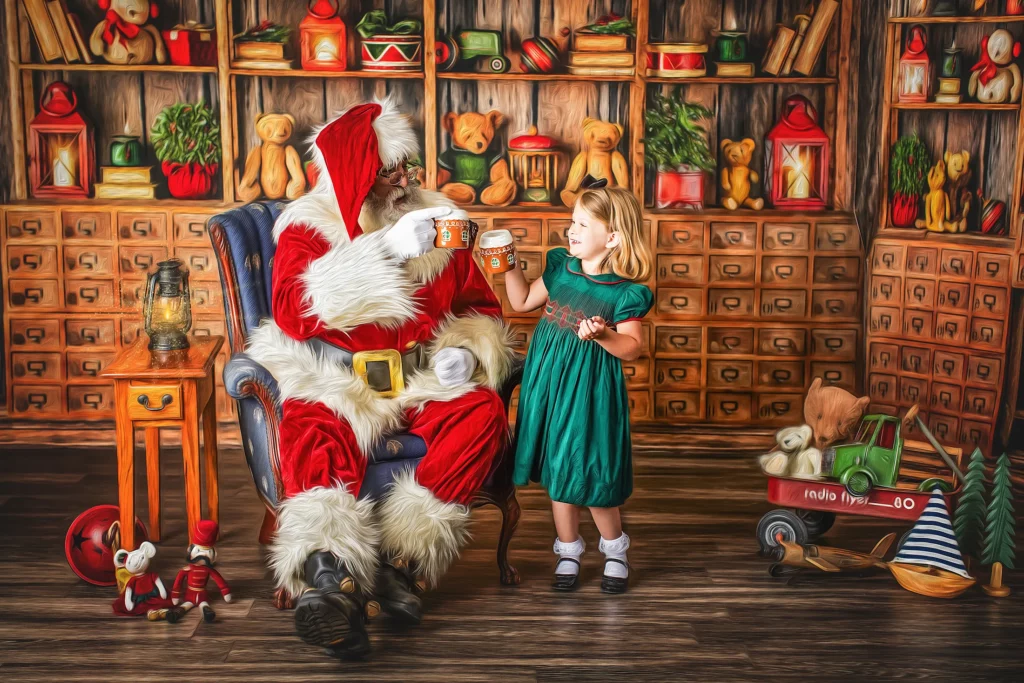 Santa Claus and a young girl in a green dress sit in a cozy, toy-filled room, cheerfully clinking mugs together, surrounded by festive decorations and stuffed animals. Lovely Baby Photography, 2185 Faraday Ave suite 110, Carlsbad, CA 92008, +1 760-271-0725