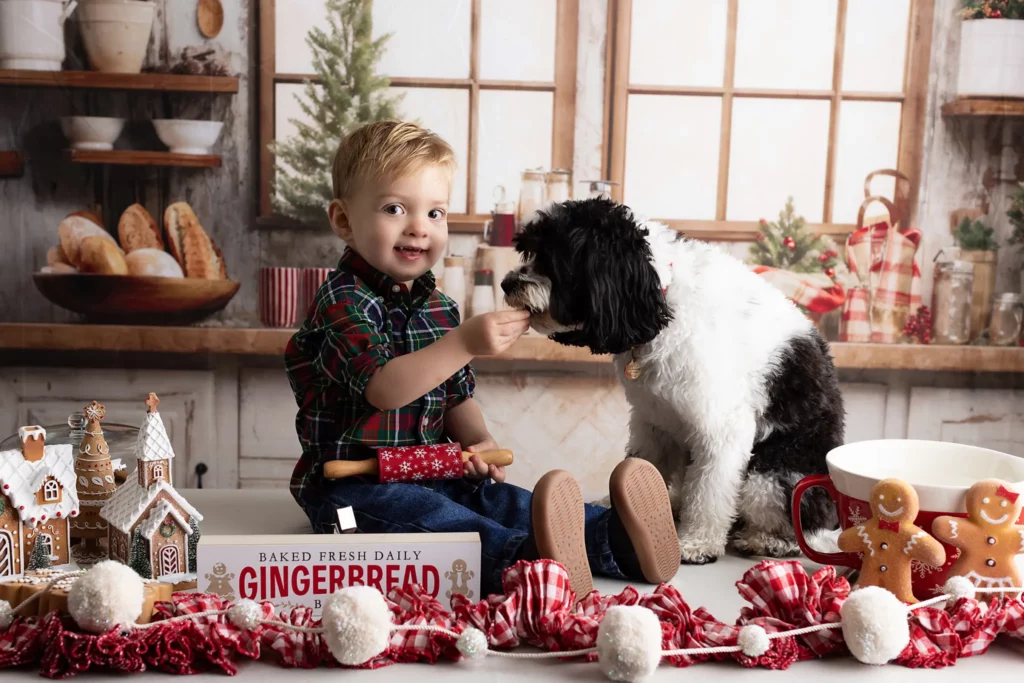 A young boy in a plaid shirt sits at a kitchen counter, smiling and holding a gingerbread cookie while a black and white dog sniffs it. Holiday decorations and gingerbread houses are visible. Lovely Baby Photography, 2185 Faraday Ave suite 110, Carlsbad, CA 92008, +1 760-271-0725