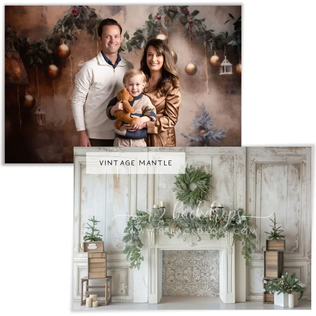 A family of three poses in front of a decorated vintage mantle backdrop with holiday ornaments and greenery. An empty vintage mantle backdrop is shown below. Lovely Baby Photography, 2185 Faraday Ave suite 110, Carlsbad, CA 92008, +1 760-271-0725