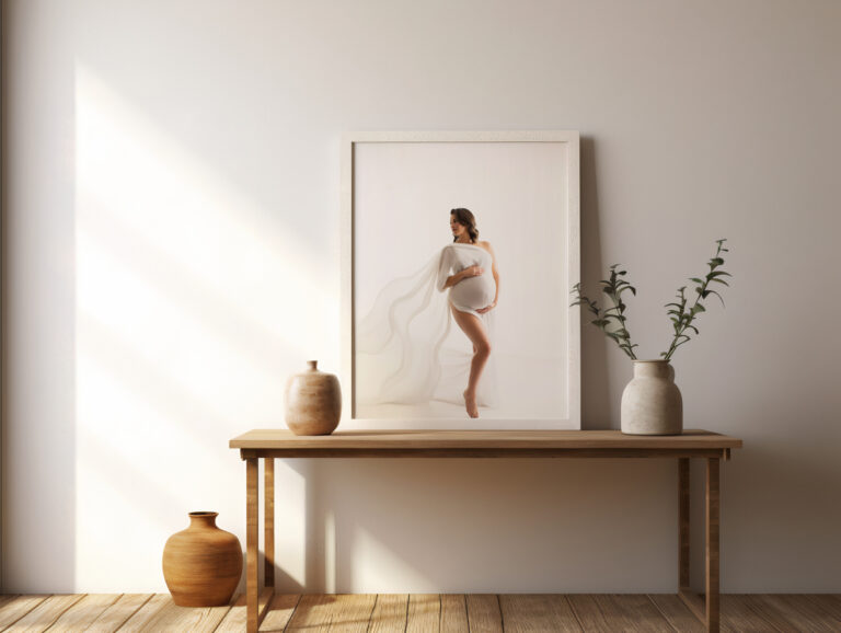 A framed photo of a pregnant woman stands on a wooden table, flanked by ceramic vases and a plant, with sunlight streaming in from the left.