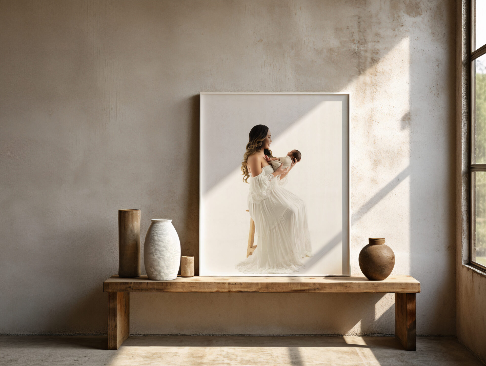 A framed photo of a woman holding a baby sits on a wooden bench with ceramic vases, beside a sunlit window in a minimalist room with textured walls.